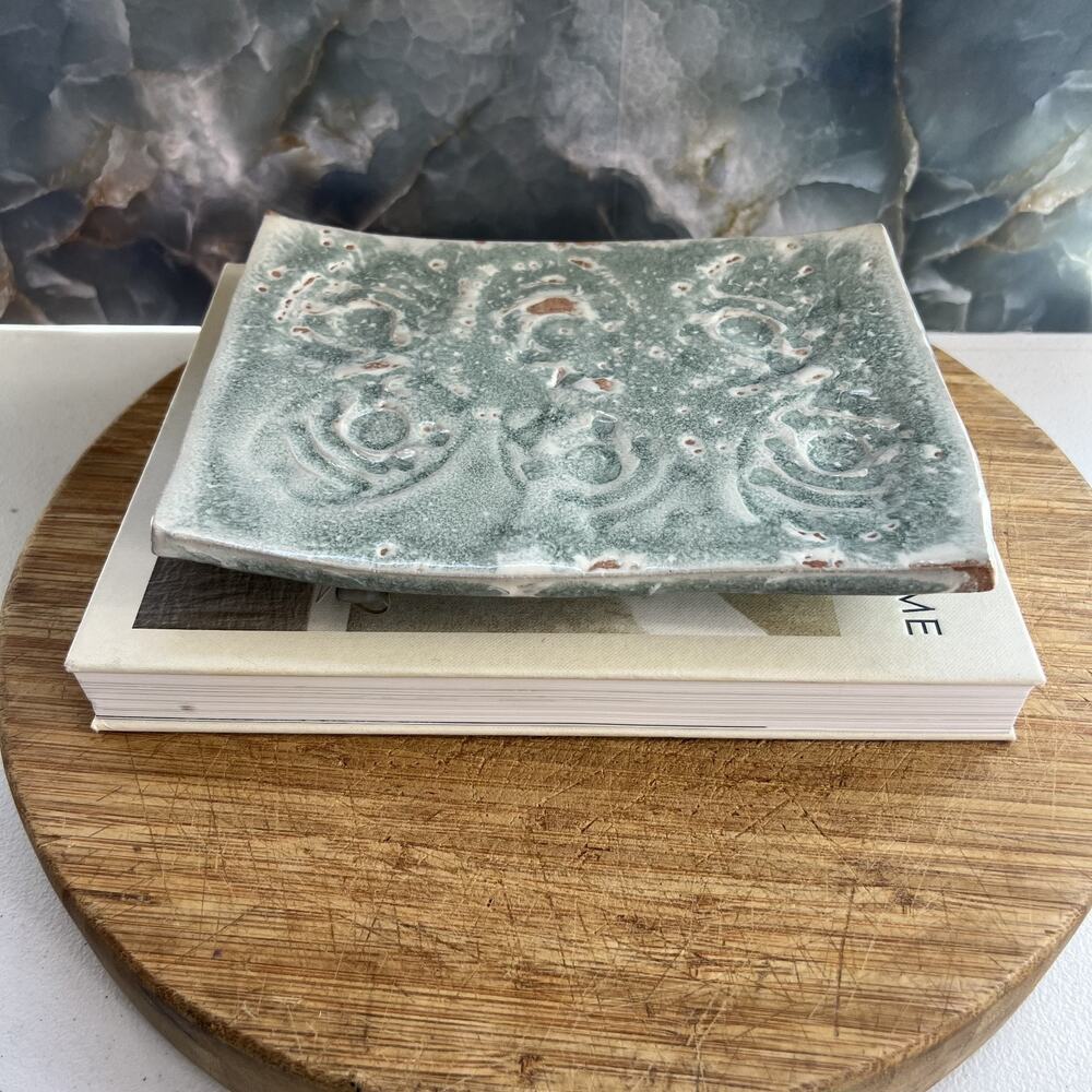 Studio Art Pottery Riser Footed Trinket Tray Dish 8.5" Blue Swirl Handmade